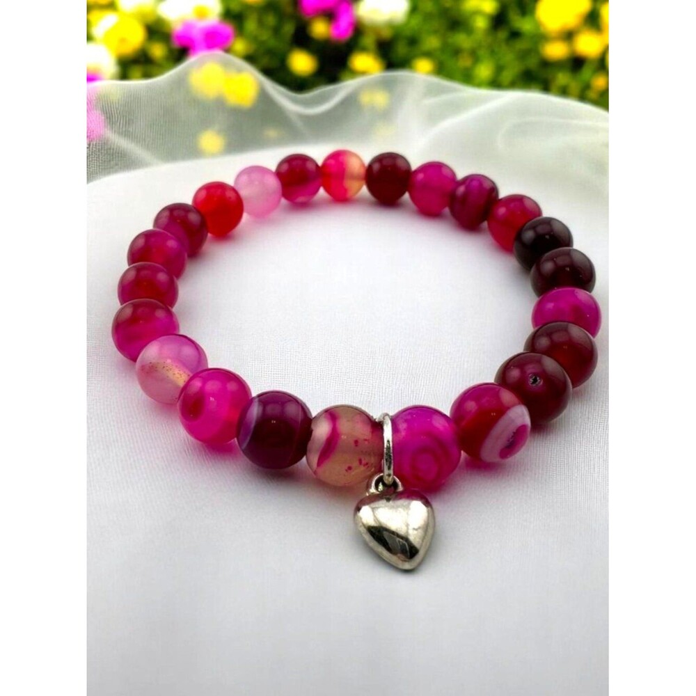 Pink Banded Agate Stretch Bracelet Heart Charm Fuchsia Gemstone Stackable Boho